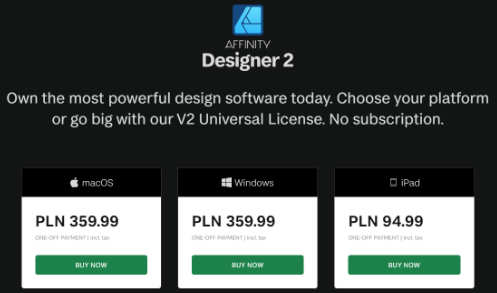 Affinity Designer. Cena programu